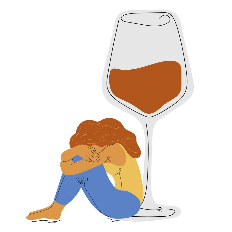 hembra alcohol adiccion. Deprimido mujer sufrimiento desde alcoholismo. infeliz mujer sentado cerca vino vaso vector