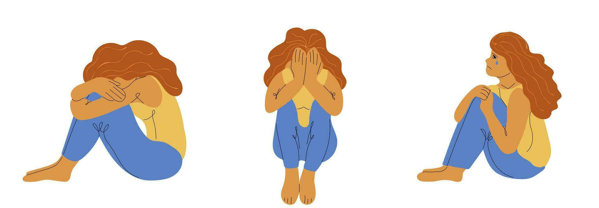 Young woman, girl, suffering from psychological diseases, anxiety,  sitting and crying. Headache, depression, anxiety concept. Mental health vector