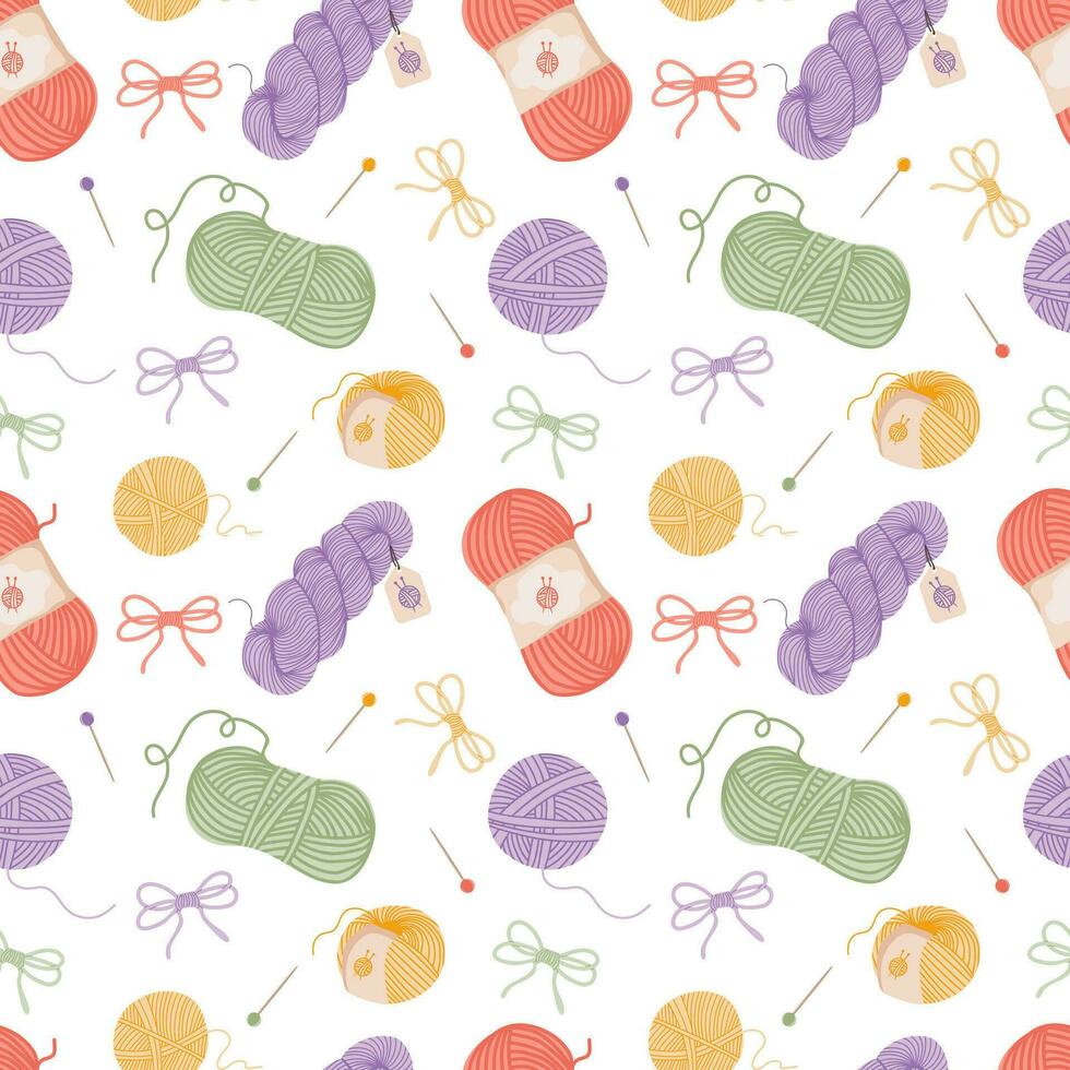 Seamless pattern with yarns for knitting. Female hobby concept vector