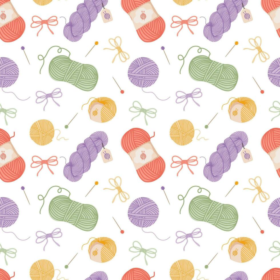 Seamless pattern with yarns for knitting. Female hobby concept vector