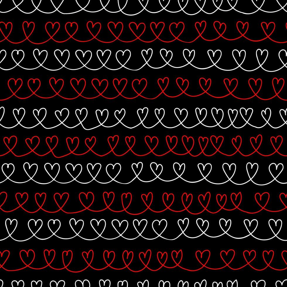 Seamless pattern with abstract red hearts in one line on black background vector