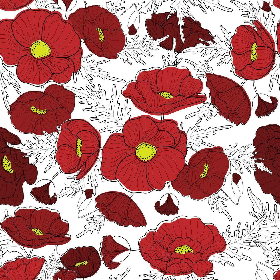 Flowers seamless pattern. Red poppies on white background. Floral print for textile, wallpapers, fabric and wrapping paper. vector