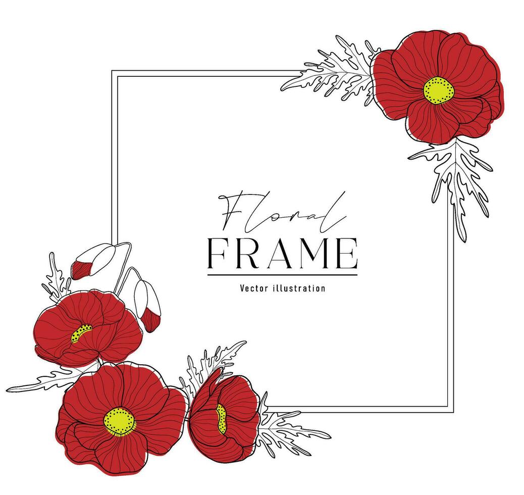 Romantic square frame with red poppies. Floral design for labels, branding business identity, wedding invitation vector