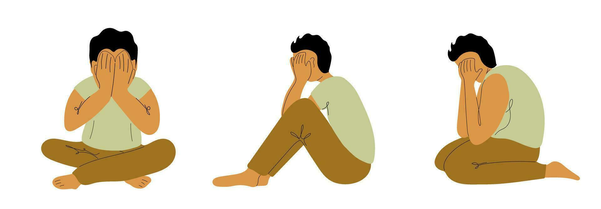 Young man, boy, suffering from psychological diseases, anxiety,  sitting and crying. Headache, depression, anxiety concept vector