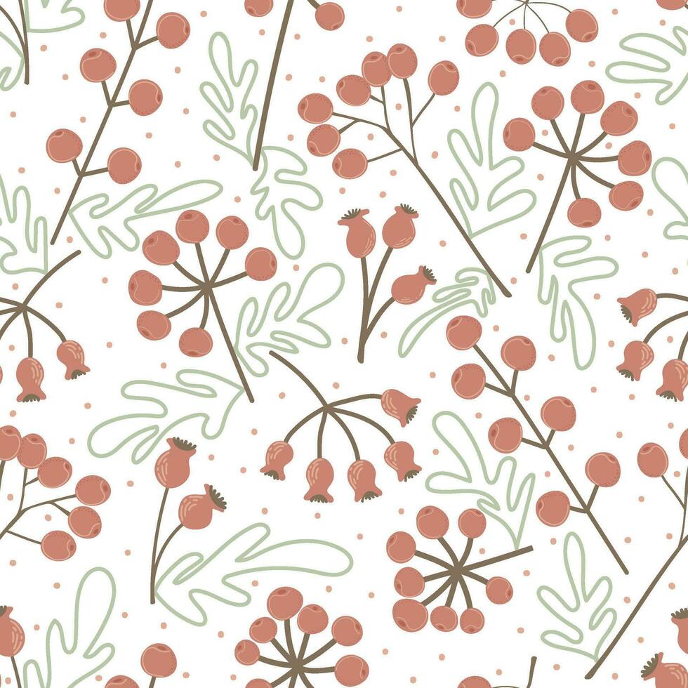 Seamless pattern with rowanberries and rosehips. Autumn design.  Modern floral print for fabric, textiles, wrapping paper vector