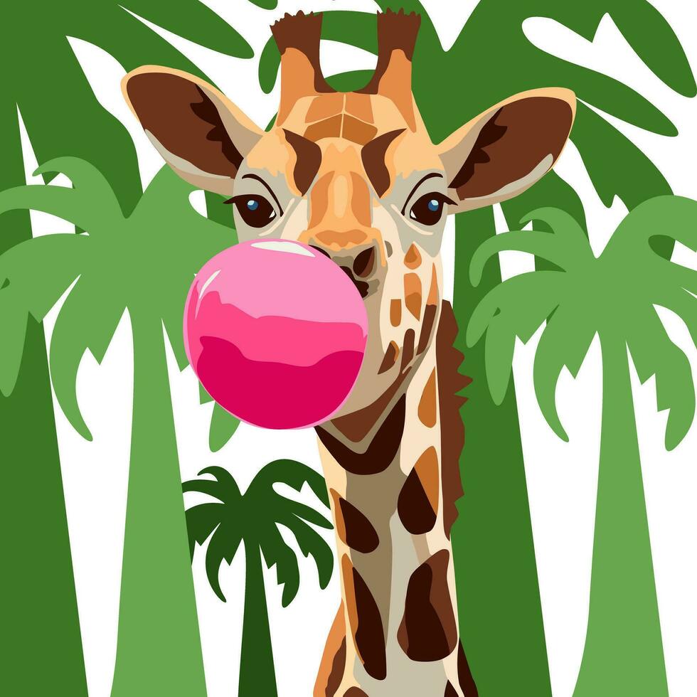 The giraffe inflates a big pink bubble of chewing gum. On the background of palms vector