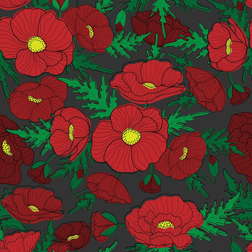 Flowers seamless pattern. Red poppies on dark background. Floral print for textile, wallpapers, fabric and wrapping paper. vector