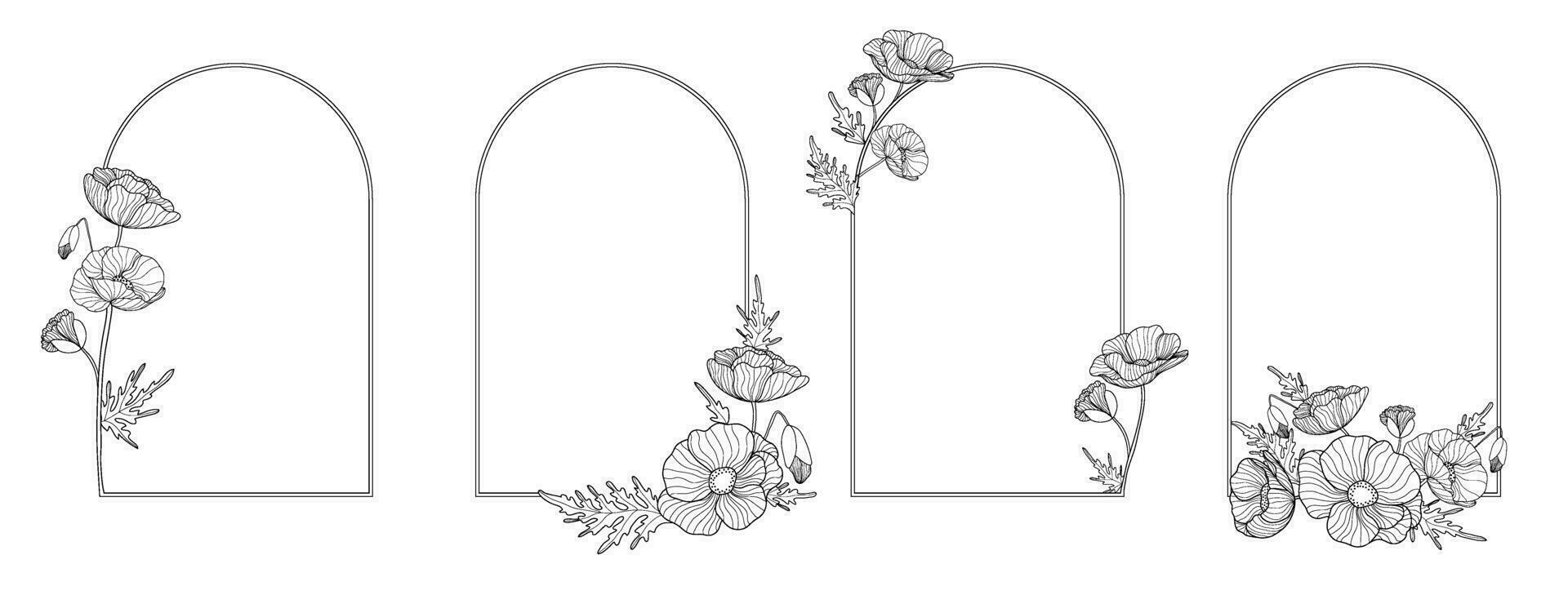 Set of romantic vertical arch frame with outline poppies. Floral design for labels, branding business identity, wedding invitation vector