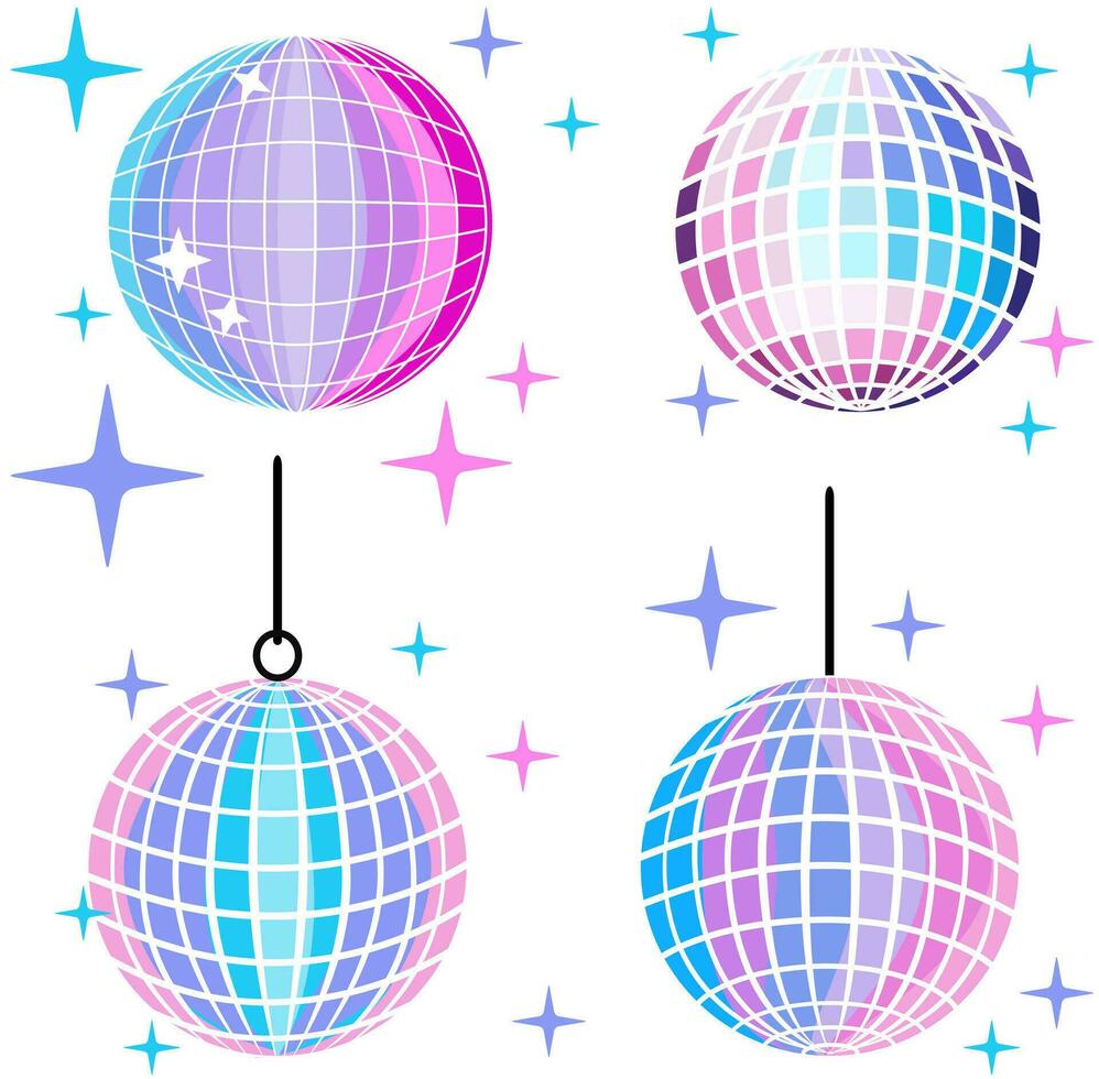 Vector set of holographic disco balls, colors transition from pink to blue