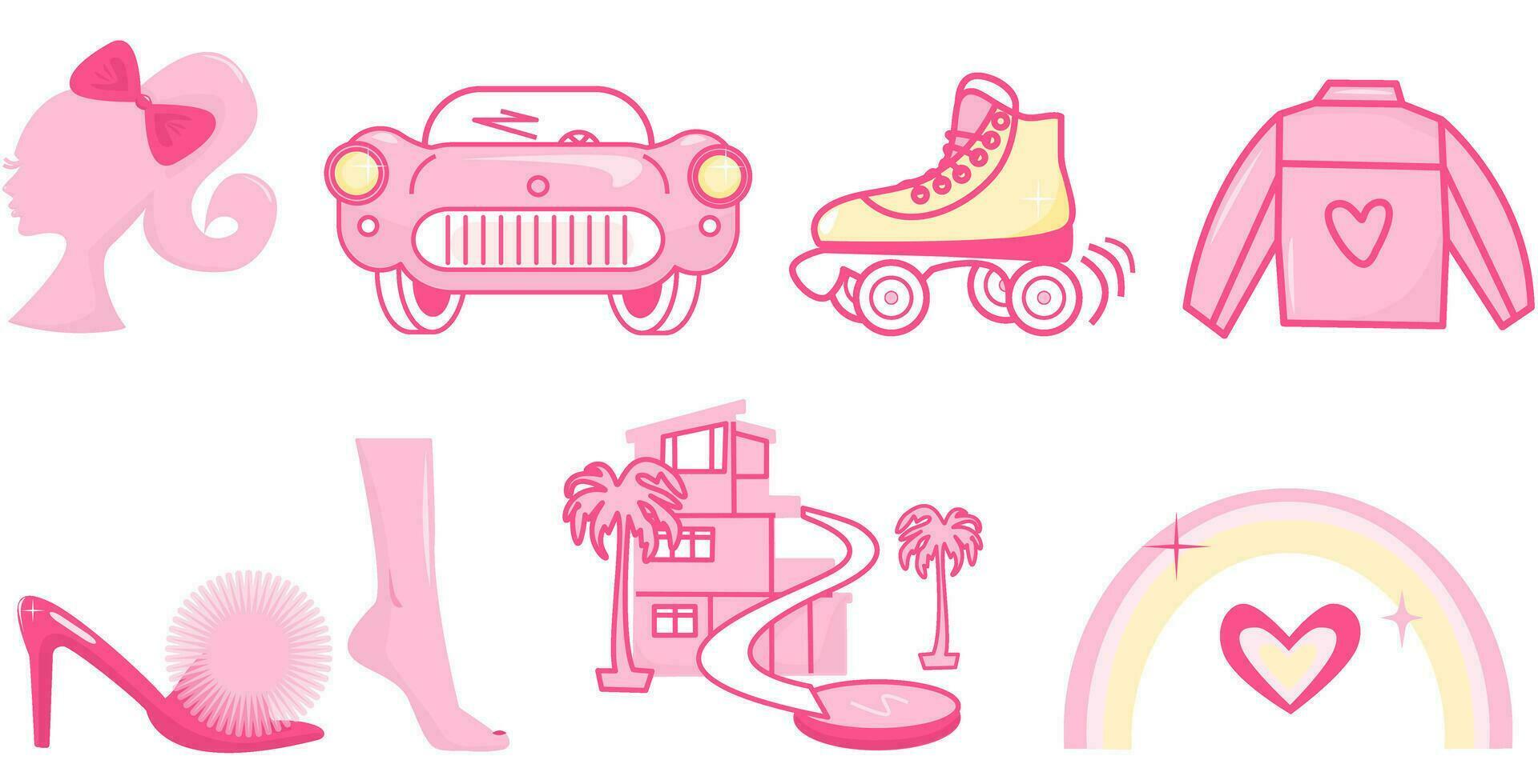 Set of vector pink icons in doll style like from movie.