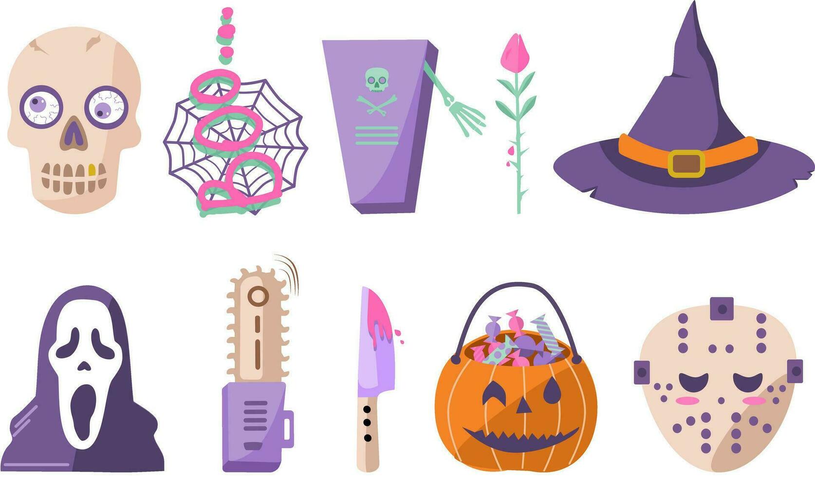 Set of vector Halloween elements in purple beige colors.