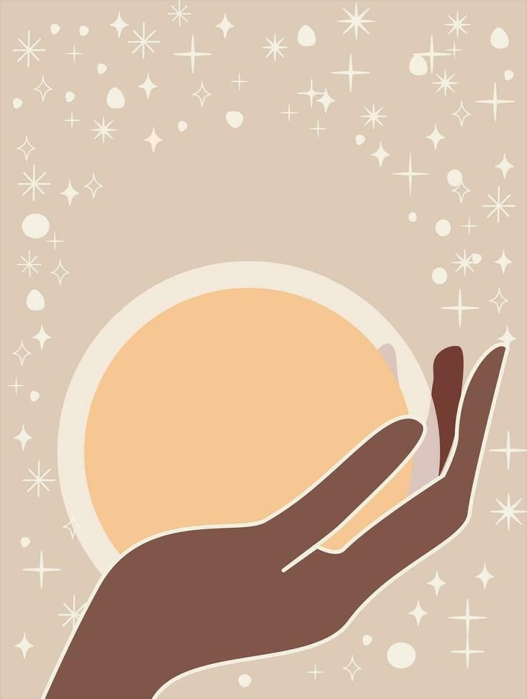 Vector poster of the sun in hand, against the background of starfall