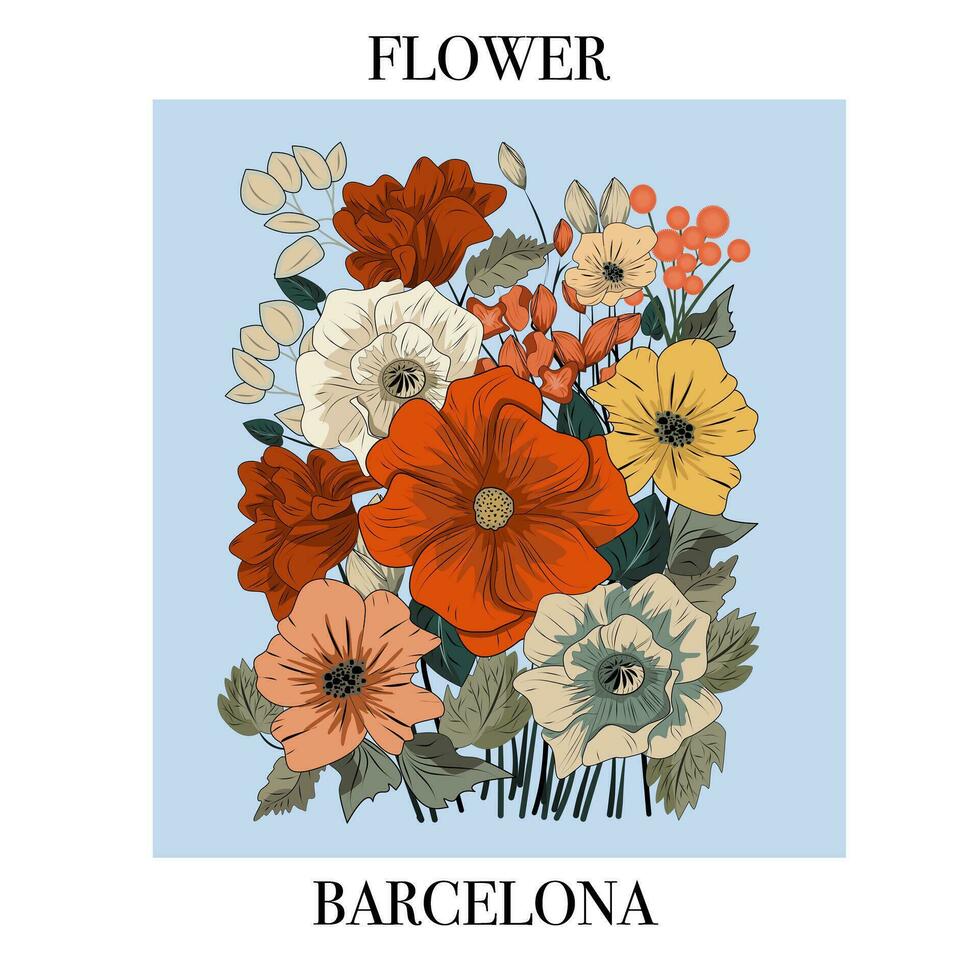 Vector poster with a bouquet of flowers on a blue background and the inscription flowers Barcelona. Large heads of flowers of red, yellow and beige shades, addition of small flowers,  lush, disheveled