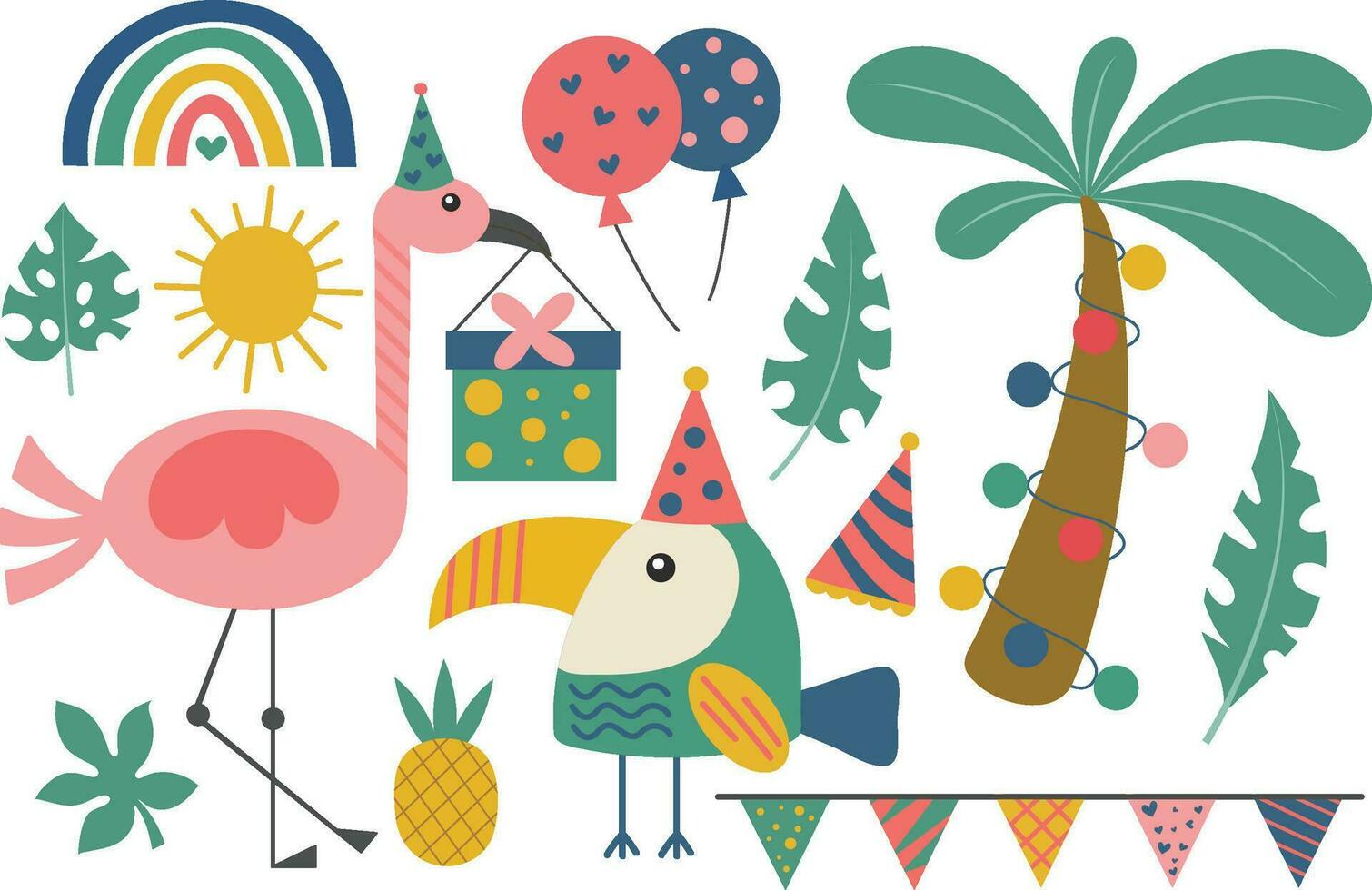 Tropical Party Bliss Birds, Rainbows, Palm Trees, Leafy Hats, Sun, Rainbow Balloons, and More vector