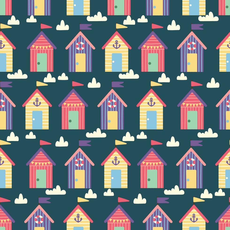 colorful beach huts texture. Coastal Holiday Bungalows, striped cabins background. Small beach house vector seamless pattern