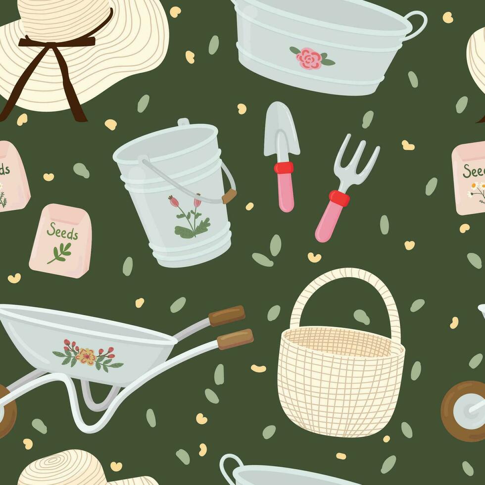 gardening tools items vector seamless pattern. Wheelbarrow, hat, bucket, basket, seeds, tub, shovel texture. Spring time background