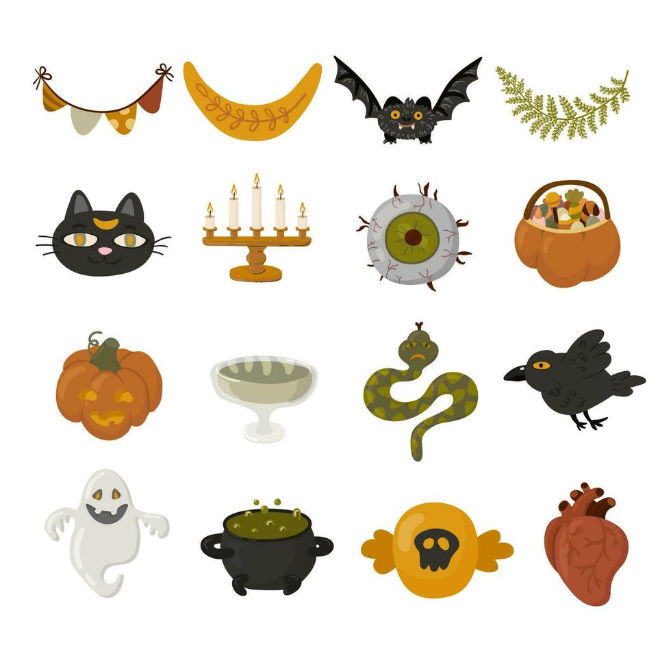 Halloween elements set. Potion pot, candy, snake, heart, candles, bat, cat, crow, ghost. Vector flat cartoon illustration.