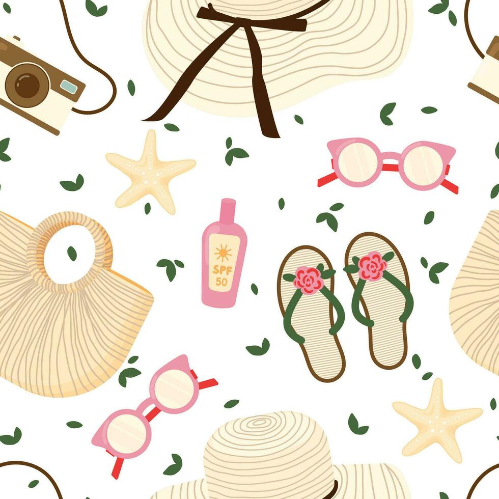 Summer items, accessories vector seamless pattern. Sunglasses, sunscreen, straw hat, beach bag, starfish, camera, slippers texture