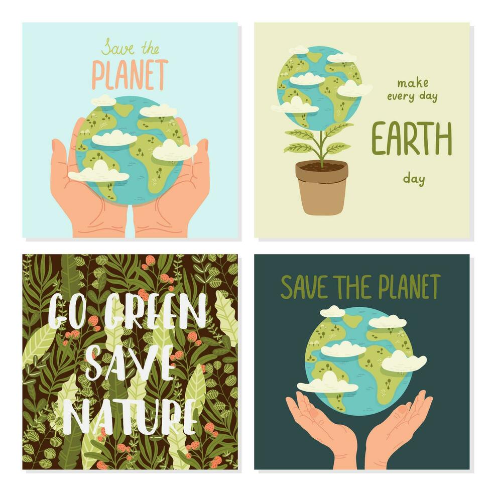 Happy Earth Day Save Nature. Vector eco illustration collection for social media, poster, banner, card, flyer on the theme of saving planet, human hands protect earth
