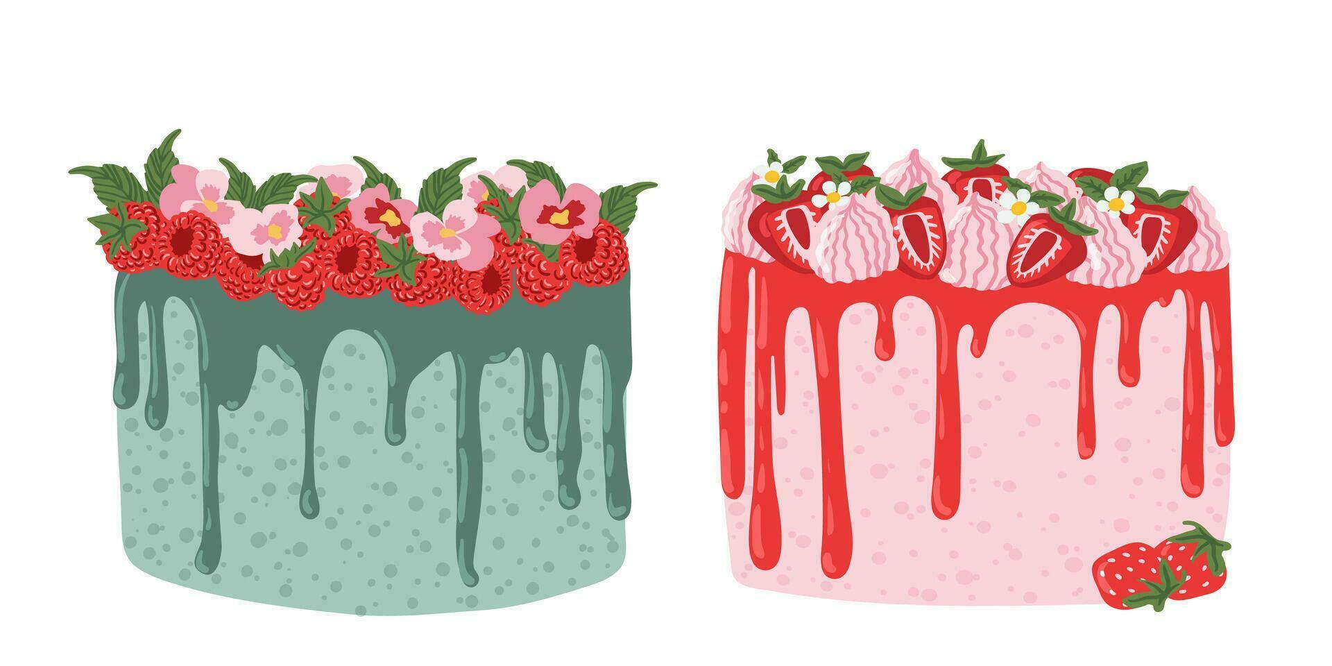 Raspberry and Strawberry mousse cakes. Happy birthday party vector element. Flat illustration in cartoon style for sticker, card, invitation