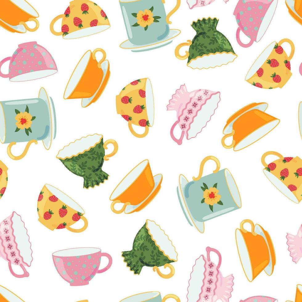 Tea or coffee cups vector seamless pattern. Ceramic crockery theme. Cartoon mugs Kitchen background