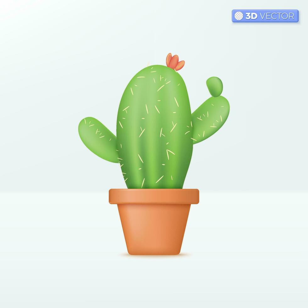 Green cactus in clay pot icon symbols. Ornamental plant for home and office decoration concept. 3D vector isolated illustration design. Cartoon pastel Minimal style. Used for design ux, ui, print ad.