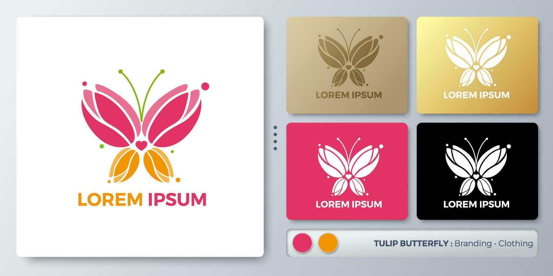 Tulip butterfly Logo design. Blank name for insert your Branding. Designed with examples for all kinds of applications. You can used for company, indentity, cosmetic, environment campaign, branding. vector