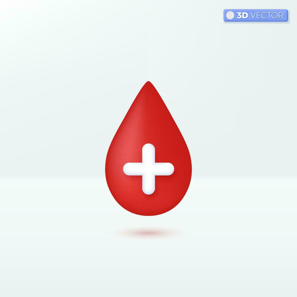 Blood drop with cross icon symbols. Hematology, red blood cell, Donation, healthcare, medical concept. 3D vector isolated illustration design. Cartoon pastel Minimal style. For design ux, ui, print ad