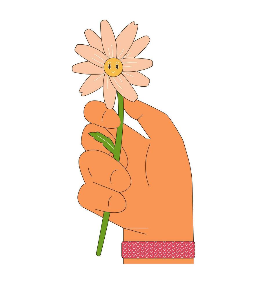 Hand holding chamomile flower with funny face retro flat vector illustration. Peace concept in the 70s style. Isolated on white.