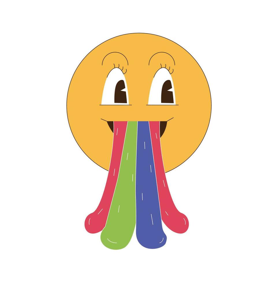 Smile with funny face and rainbow from the mouth retro flat vector illustration.