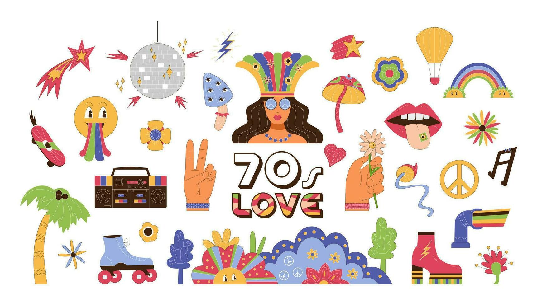 The 70s signs and symbols big vector collection. Funky retro stickers of flowers, mushrooms, rainbows and other decorative elements isolated on white.