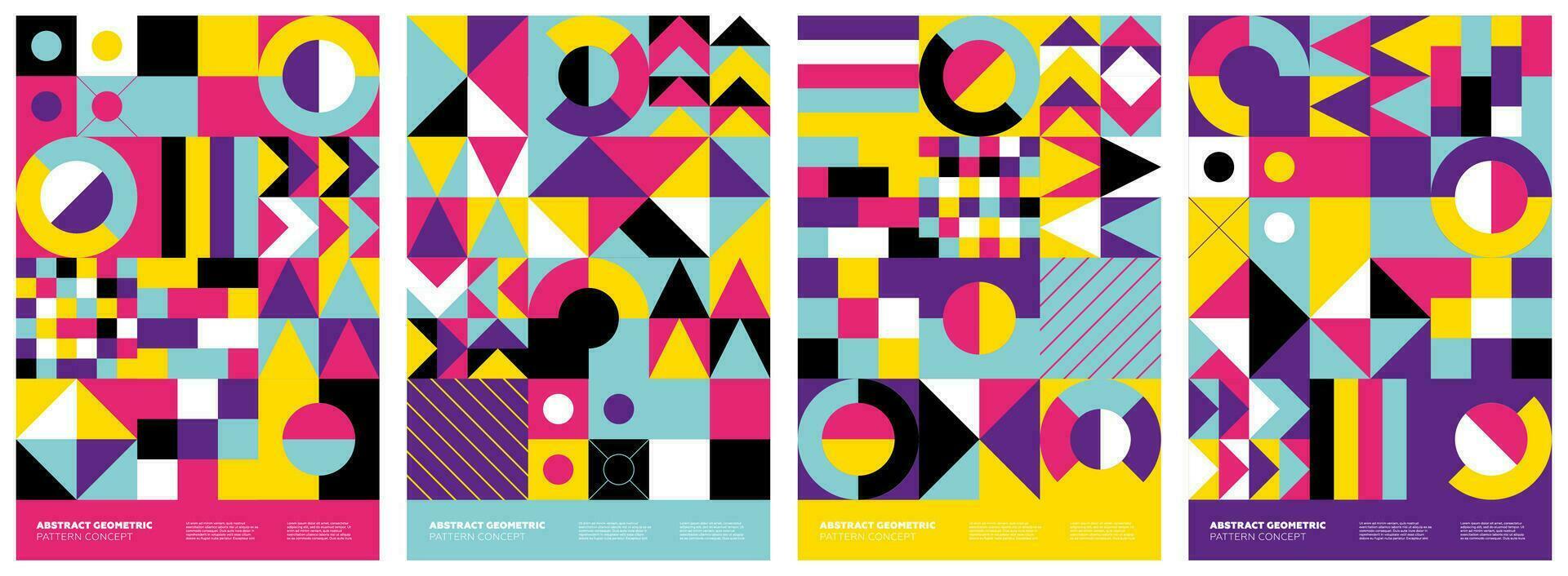 Abstract geometric bauhaus artwork. Simple shapes collage poster set. Memphis pattern background. Retro brutalism modern trendy graphic painting. Vintage postmodern art print vector design templates