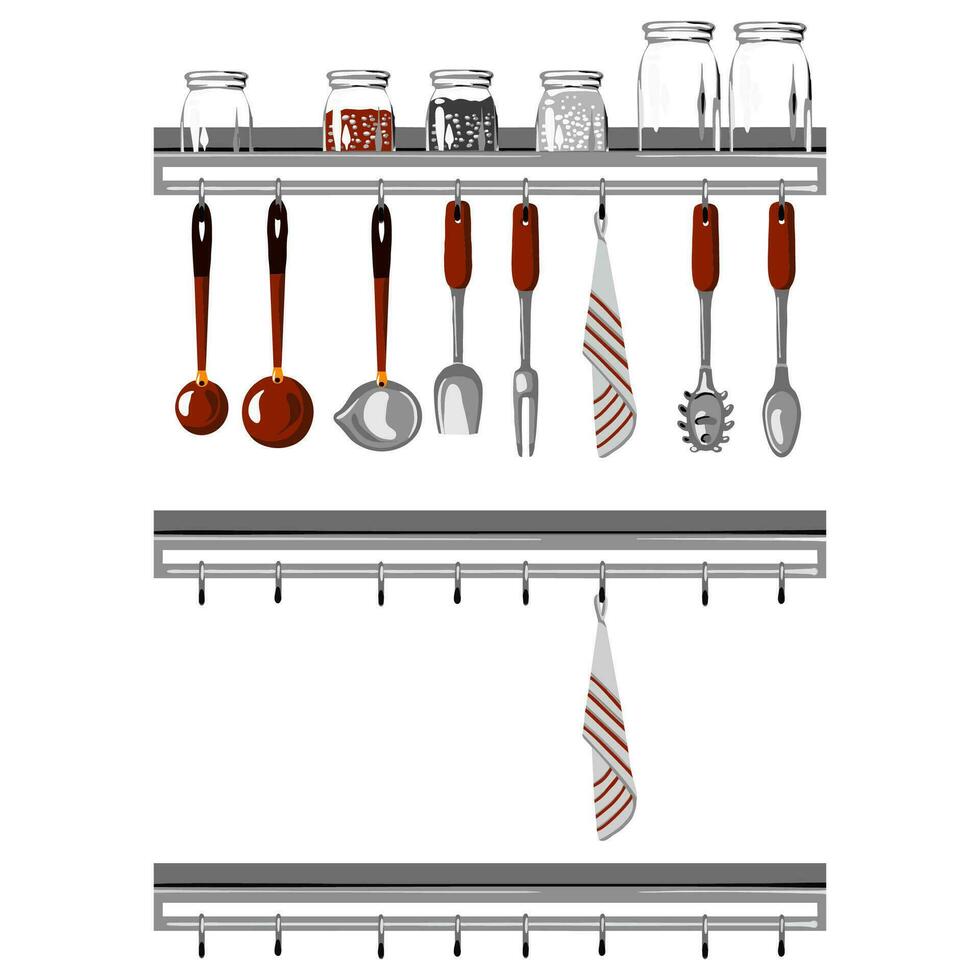 Kitchen shelving unit with utensils. Vector illustration