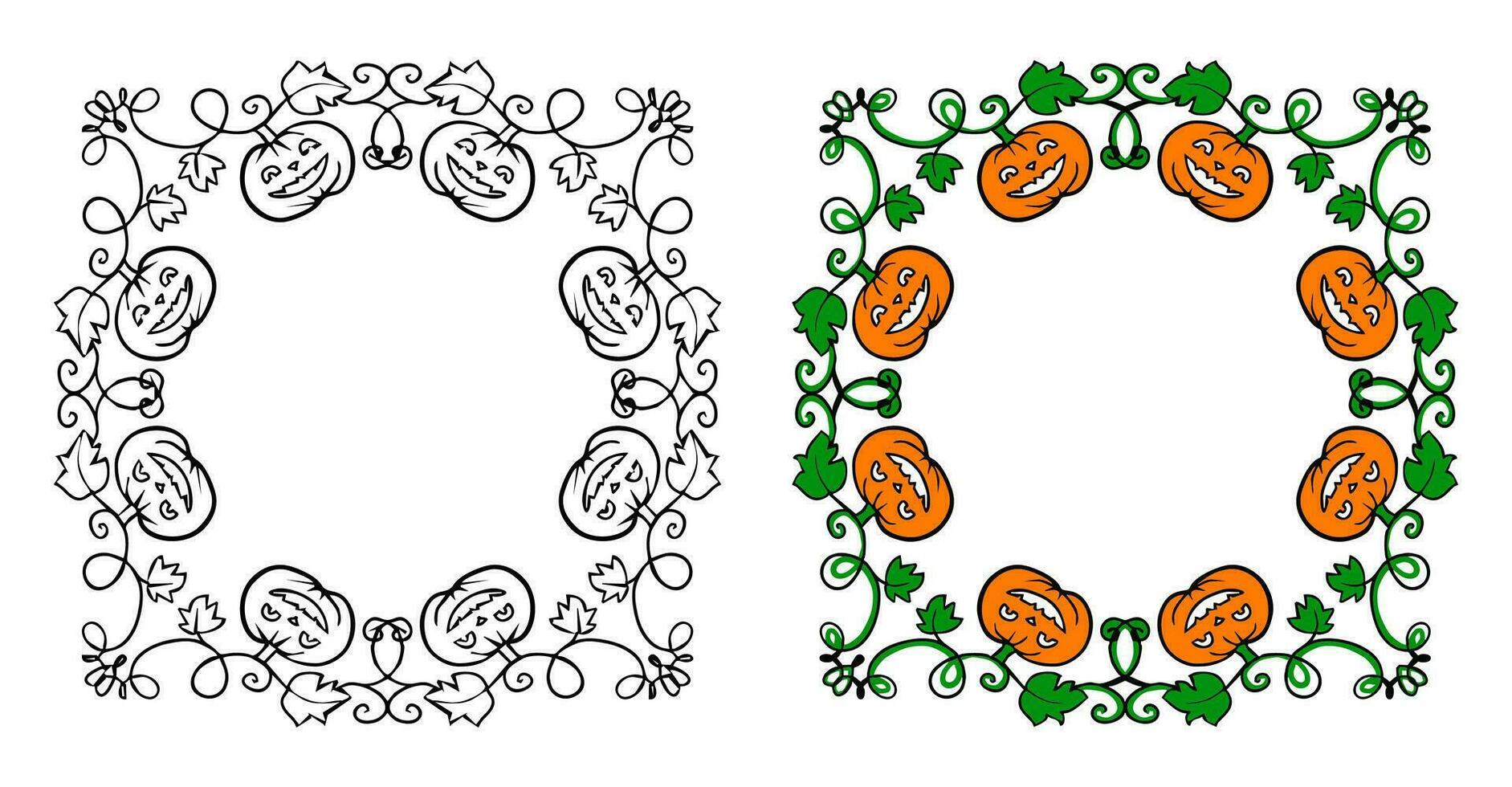 Halloween frames set with silhouettes of pumpkins, bats, spiderweb, tree branches. Halloween border collection isolated on white. Design element for card, poster, text decoration. Vector illustration