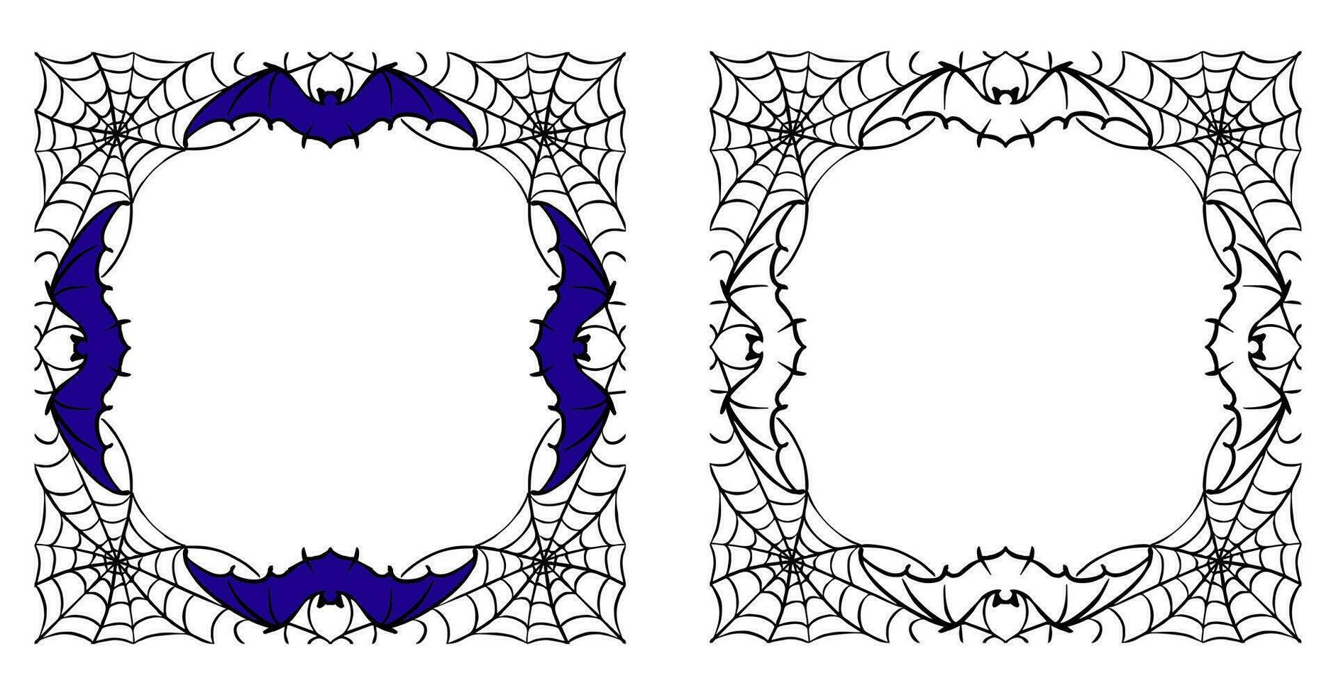 Halloween frames set with silhouettes of pumpkins, bats, spiderweb, tree branches. Halloween border collection isolated on white. Design element for card, poster, text decoration. Vector illustration