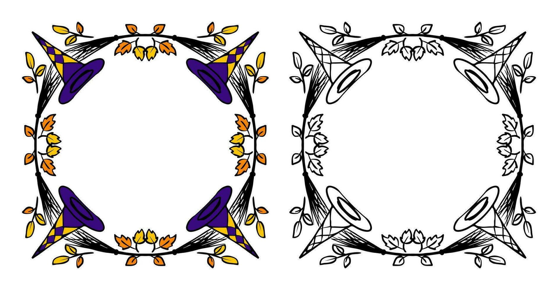 Halloween frames set with silhouettes of pumpkins, bats, spiderweb, tree branches. Halloween border collection isolated on white. Design element for card, poster, text decoration. Vector illustration