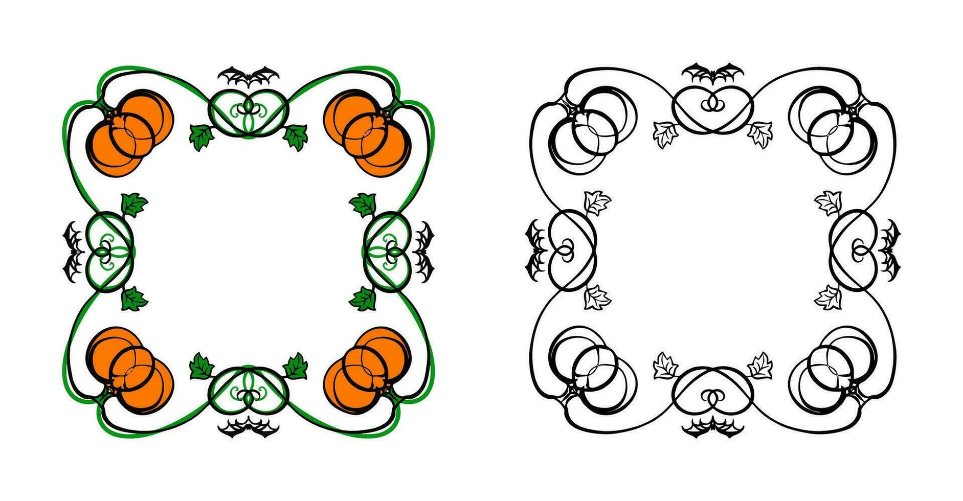 Halloween frames set with silhouettes of pumpkins, bats, spiderweb, tree branches. Halloween border collection isolated on white. Design element for card, poster, text decoration. Vector illustration