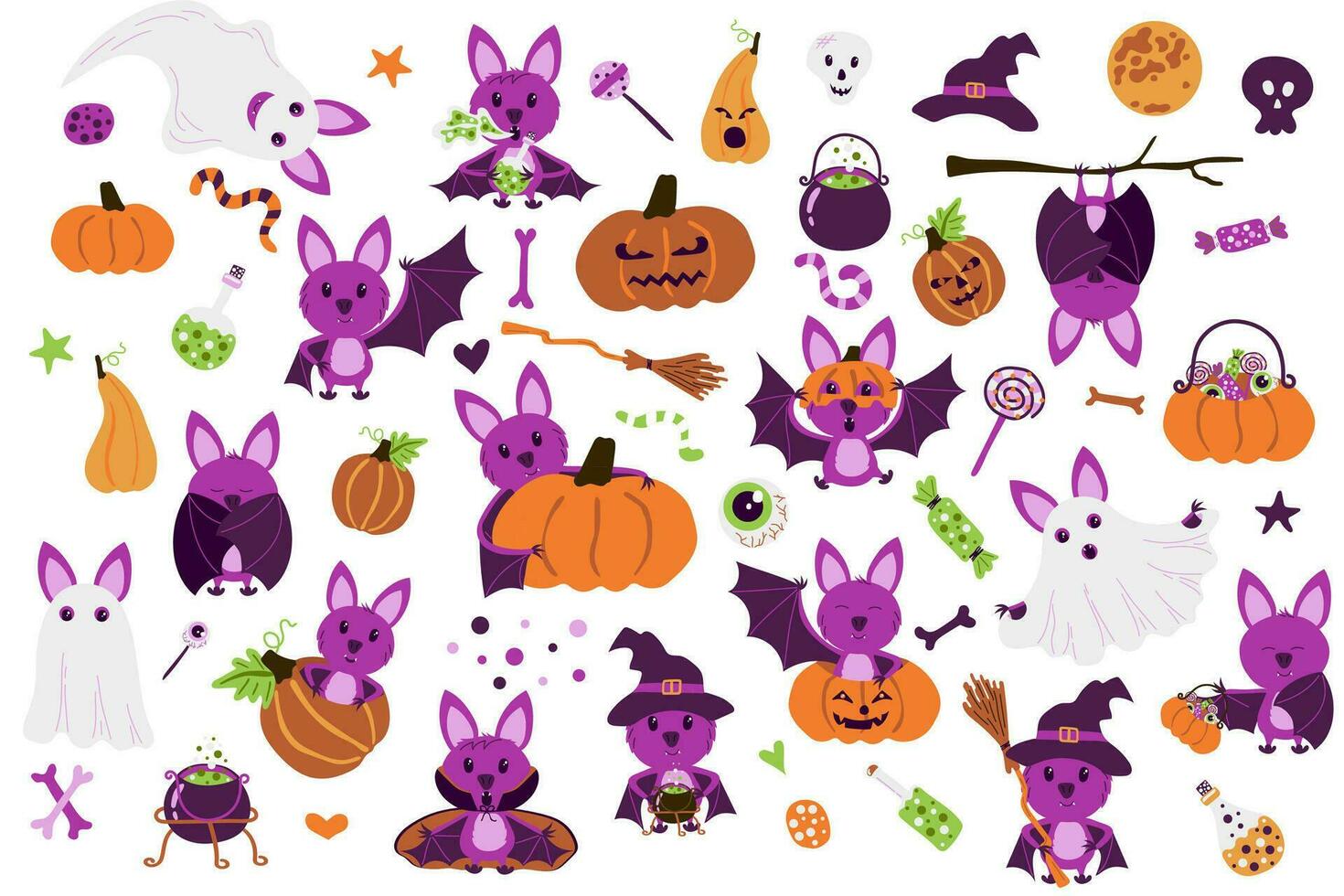 conjunto de contento Víspera de Todos los Santos pegatinas linda conjunto de murciélago en diferente poses y calabaza, fantasma, ojos, bruja, caldera, escoba, dulces vector