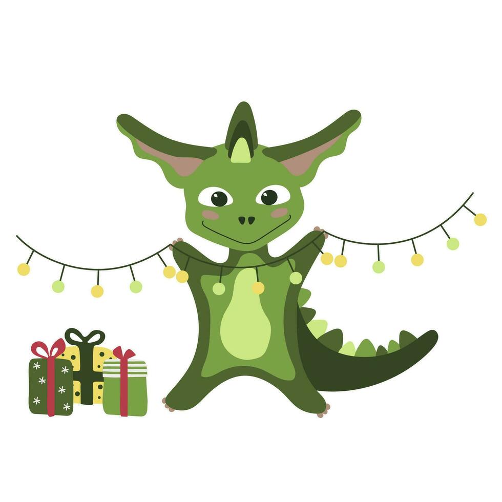 Green dragon symbol of 2024 with electric garland and gifts boxes. Christmas or new year holiday card vector