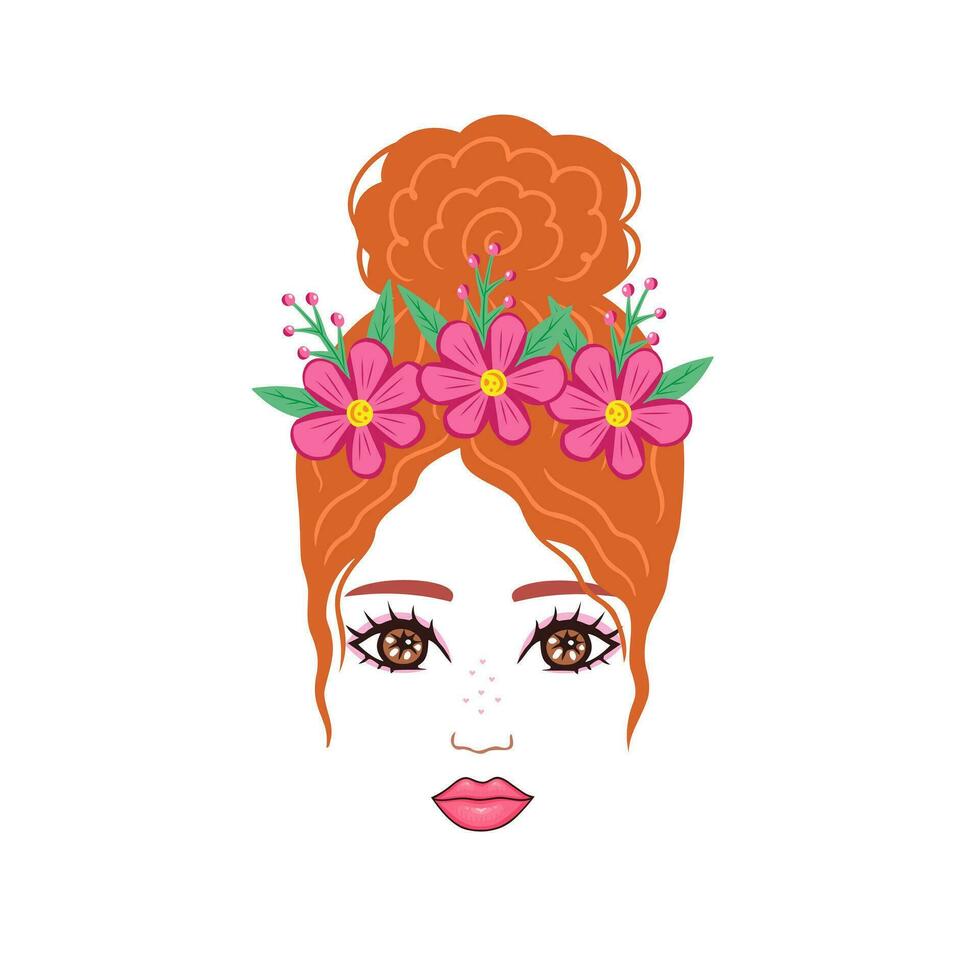 red hair girl with pink flower wreath. Illustration for printing, backgrounds and packaging. Image can be used for greeting cards, posters, stickers and textile. Isolated on white background. vector