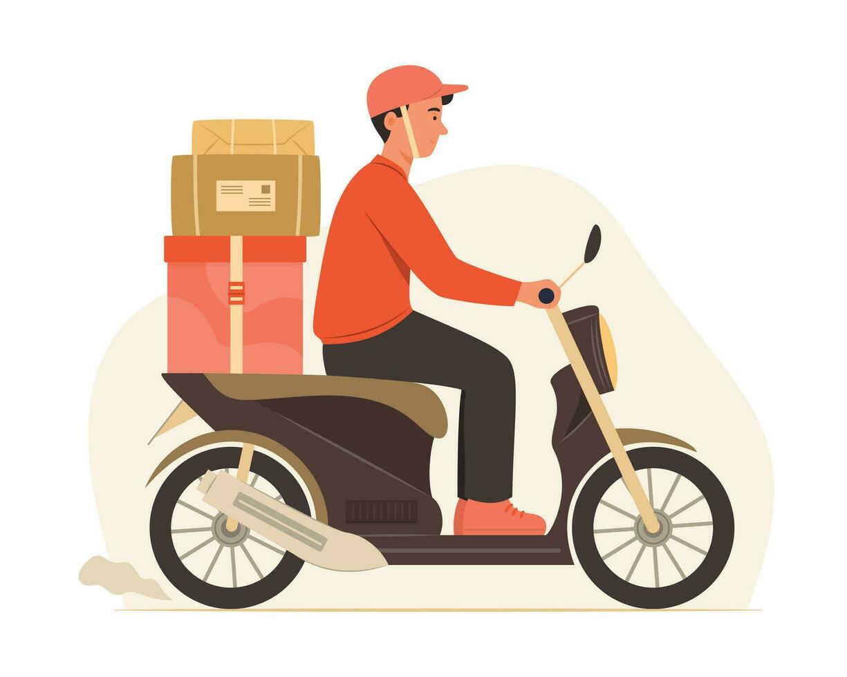 entrega hombre montando motocicleta con paquete o empaquetar cajas para Envío concepto ilustración vector