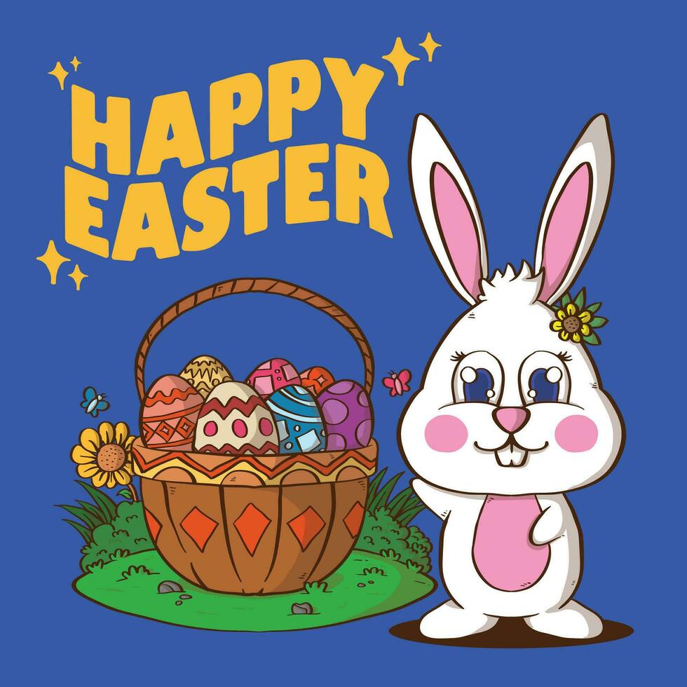 Cute Easter Bunny and Easter eggs vector illustration. Rabbit and easter eggs mascot vector illustration
