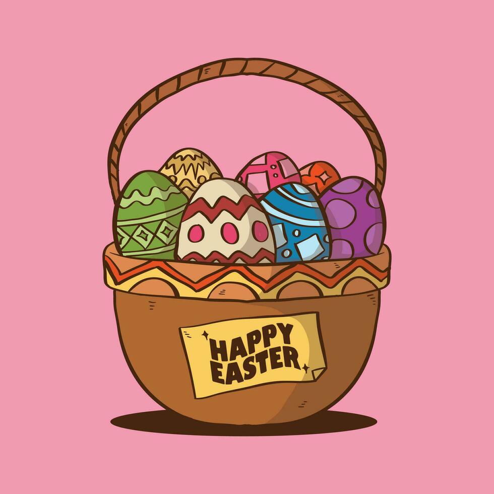 Cartoon Easter eggs basket Vector Illustration. Brown basket for Easter eggs illustration.