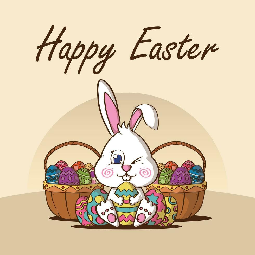 Cartoon Bunny Easter eggs basket Vector Illustration. Rabbit and Brown basket for Easter eggs illustration.