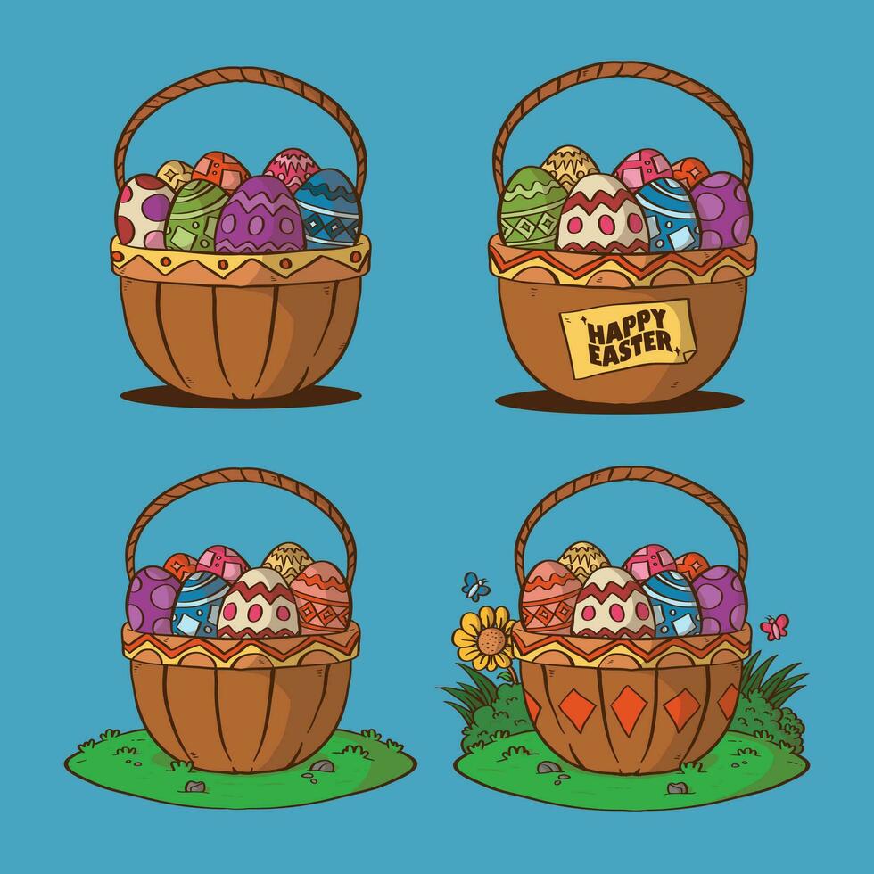 Cartoon Easter eggs basket Vector Illustration. Brown basket for Easter eggs illustration.