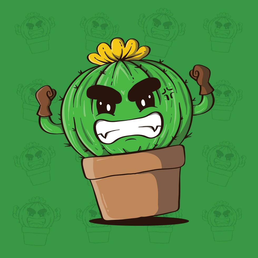 enojado linda mascota dibujos animados ilustración de cactus planta con fuerte mano gesto. linda cactus. enojado cactus planta ilustración. vector