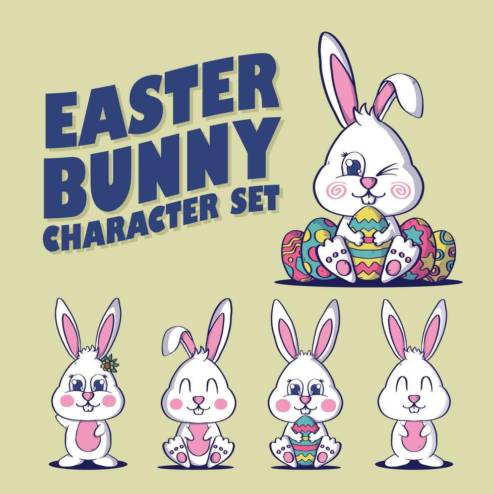 Cute Easter Bunny and Easter eggs vector illustration. Rabbit and easter eggs mascot vector illustration