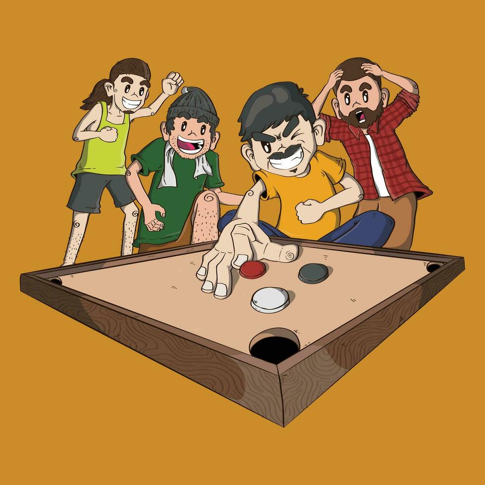 Cartoon illustration of 4 man playing Caroom Board Game. caroom illustration, Outline sketch drawing of caroom board player, line art sketch illustration of striker of caroom board. vector