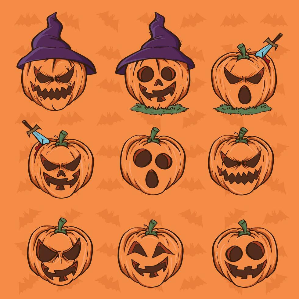 Set of Cute halloween pumpkin head vector illustration. Cute Scary Vector cartoon Illustration. Halloween Pumpkin Lantern cute cartoon illustrations set.