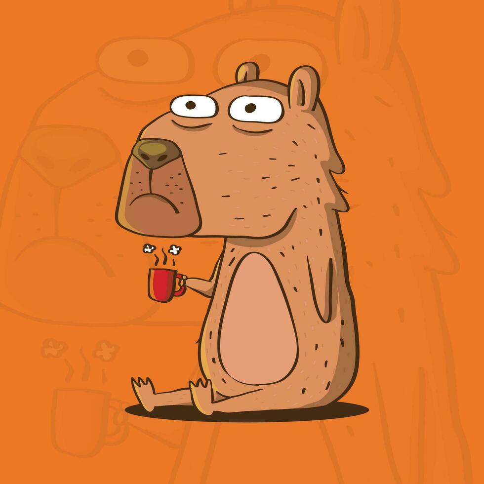 Cute illustration of Cute Capybara sit while hold a cup of hot coffee. Cute Capybara Cartoon Vector Illustration.